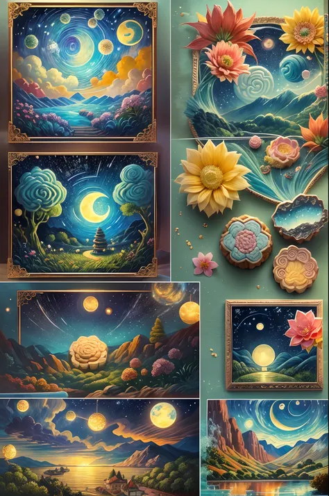 tmasterpiece（ultra - detailed：1.3），best qualtiy，（glittery:1.2），（dreamworld:1.4），((mooncake with Van Gogh style)),（Stars hang in the sky），crystal-clear，the night，Skysky，moon full，colored flowers，Emerald color，NOhumans，butterflys、blossoms、Moonsky，vibrant wit...