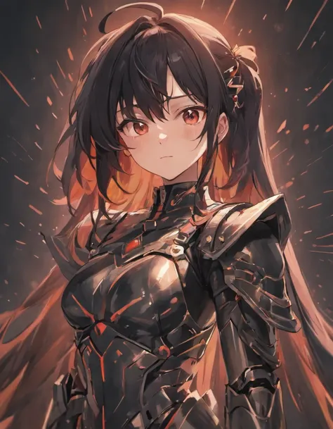 anime - style image of a woman in armor with long black hair, badass anime 8 k, portrait of a female anime hero, by Jin Homura, attractive matoi ryuko, female anime character, ryuko matoi, anime style like fate/stay night, covered in full metal armor, blac...