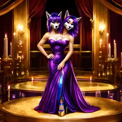 2heads, gray wolf furry, aqua hair, dark purple hair, wearing a beautiful red ball dress, at a beautiful golden ball room, wide shoulders,heels