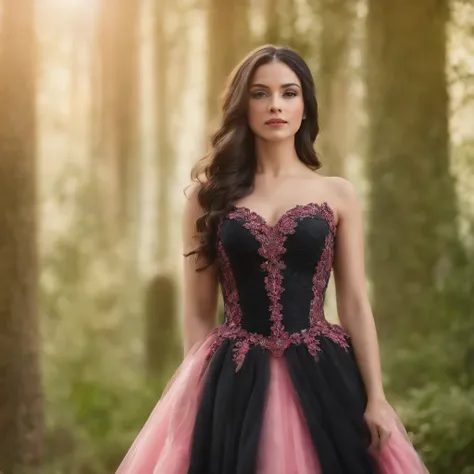 princesa con vestido rosa y cabello largo negro mujer bonita