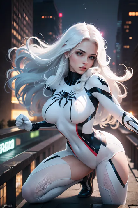 (Masterpiece, 4K resolution, ultra-realistic, highly detailed), (White costume superhero theme, charismatic, girl on top of the city, wearing white Spider-Man costume, superheroine), [((23 years old), (long white hair:1.2), full-body, (blue eyes:1.2), (Spi...