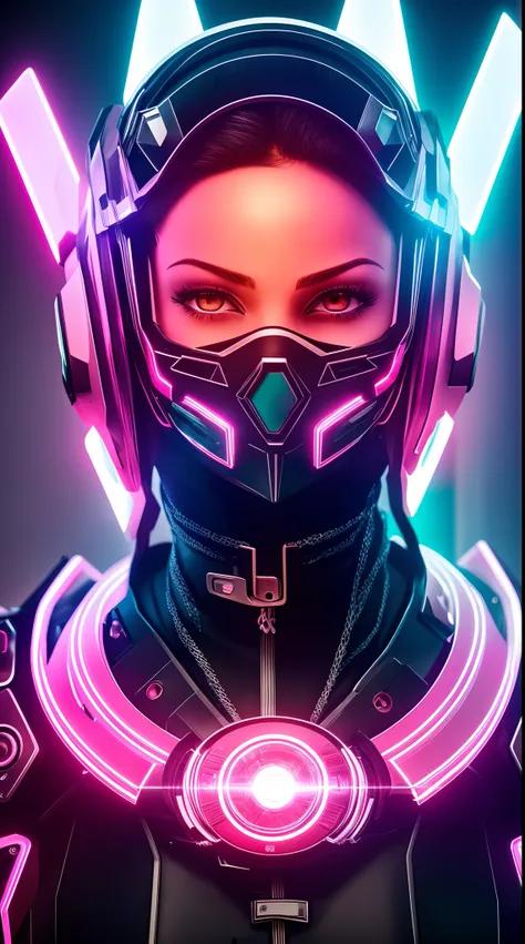 etrato de perto de uma garota com olhos azuis perfeitos, cyberpunk, wearing a neon pink cybernetic mask..|hiperrealista, sem antecedentes, atordoante, algo que nem existe, Being mythical, energia, molecular, Texturas, breathtaking beauty, pure perfection, ...