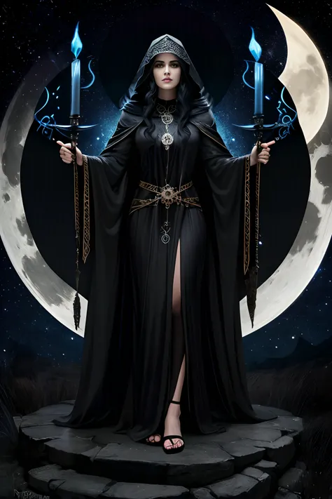 Witch Hecate, hecate goddess, rainha da magia e do poder, Controls shadows and illusion. mulher poderosa, of flowing black robes, cabelos pretos imensamente longos, olhos pretos. poderosa. Ao fundo, The night with the full moon and dark mystical beings, no...