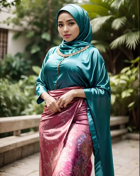 RAW, Best quality, high resolution, work: 1.3), beautiful Malay woman wearing ,((satin hijab teal), loose hijab style)),((satin pario batik shirt)), gamis with pastel floral patterns in hijab, ,big breasts, (masterpiece, perfect slim body,(absurdres:1.3), ...