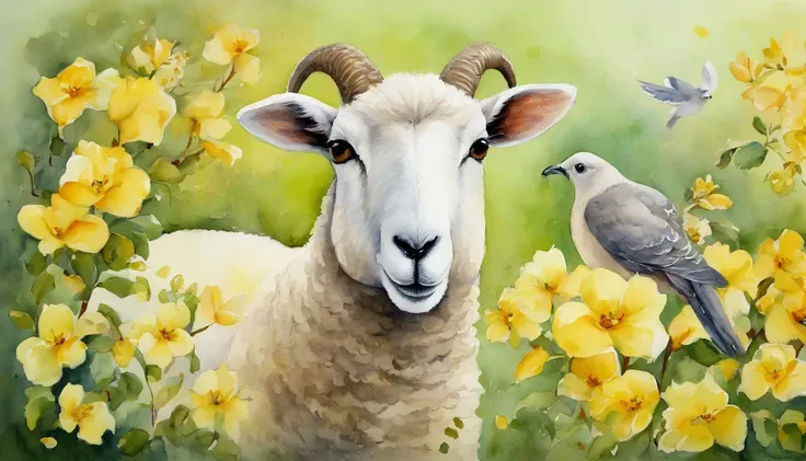 NATURE, sheep, dove, squirrels, landscape, yellow jasmine in full bloom, with vibrant petals and delicate green leaves.