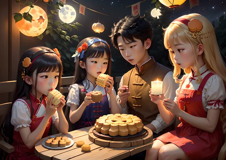 mid-autumn festival，Several children eat a lot of mooncakes under the moon