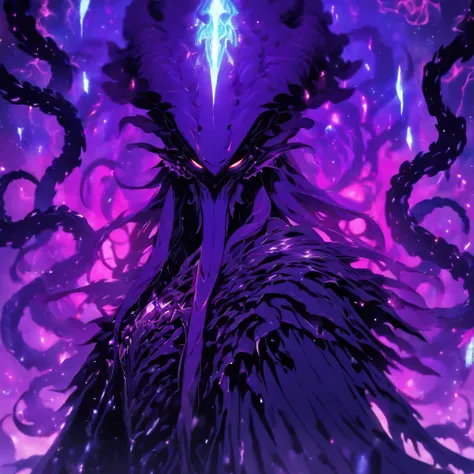 Mind Flayer, ebony black with silver mecha armor with purple blades and purple stones, ebony black tentacles, white angel wings, icy, masterpiece, best quality