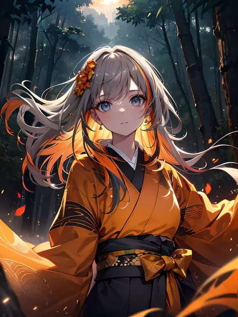 (Masterpiece, Best quality, ultra high resolution),1girl,(multicolored hair),beautiful and detailed face, detailed eyes,(grey theme yellow orange brown),sunset,in the magic forest,orange kimono