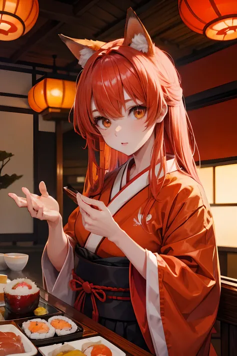 red tinted hair，Red fox ears，Golden eyes，sushi restaurant，komono，Japanese costumes，Japan architecture