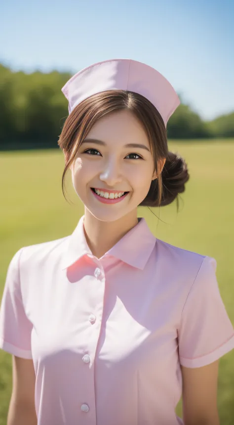 The face is a hostess、（Pink nurse clothes、Nurse Cap：1.5）、hiquality、A hyper-realistic、healthy、Smiling expression、Slender perfect figure、Japan beauties、beautidful eyes、face perfect、Beautiful skin、The background is blue sky