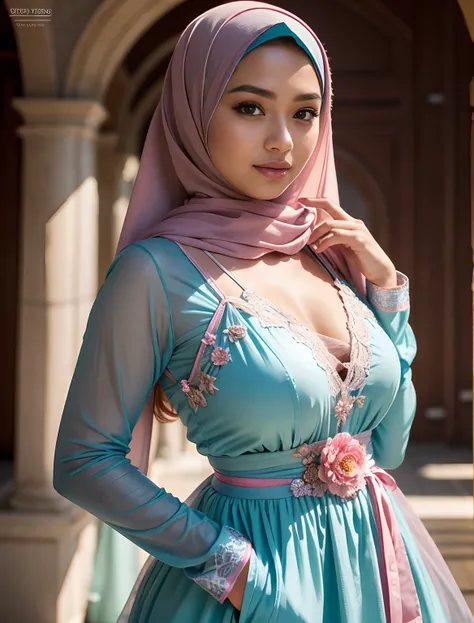 RAW, Best quality, high resolution, masterpiece: 1.3), beautiful Malay woman in hijab,Masterpiece, The art depicts a Malay woman in a hijap  Wearing a wide V-neck dress with lace,pink blous, light blue in color, decorated with intricate patterns and bright...