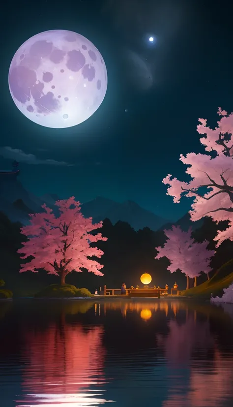 In the middle of the lake, Open Lake，The background is the full moon in the center, The moon in the center of the photo reflects the surface of the lake.，The starry sky is dark，The rows of cherry blossom trees on both sides are arranged symmetrically.，The ...