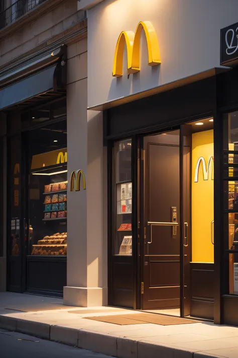 Logotipo realista para uma nova campanha promocional do McDonalds. The logo should incorporate the iconic elements of the brand, como o famoso arco dourado (M amarelo), a tipografia da marca (letras vermelhas sobre fundo amarelo). The logo should convey th...