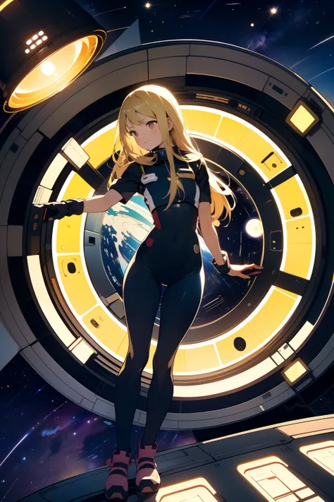 (masterpiece, best quality:1.2), solo, 1girl, mori yuki, slight smile, closed mouth, side view, looking at viewer, blonde hair, long hair, thigh gap, yellow bodysuit, skin-tight, perfect body, large window, (starship porthole:1.3), (spread legs:1.3), (stan...