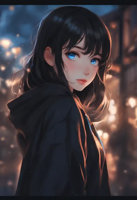 Anime girl with medium black hair and blue eyes in a big black sweatshirt, anime moe artstyle, Digital anime illustration, Arte Digital Anime detalhada, Artgerm extremamente detalhado, Anime Art Wallpaper 8K, Arte Digital Anime, Estilo anime 4K, "Mulher de...