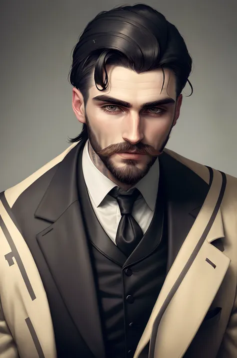 Man in a black suit, looks like Thomas Shelby with a beard, well groomed, inspirational man, portrait, realistic, detailed, ultra realistic, looking straight