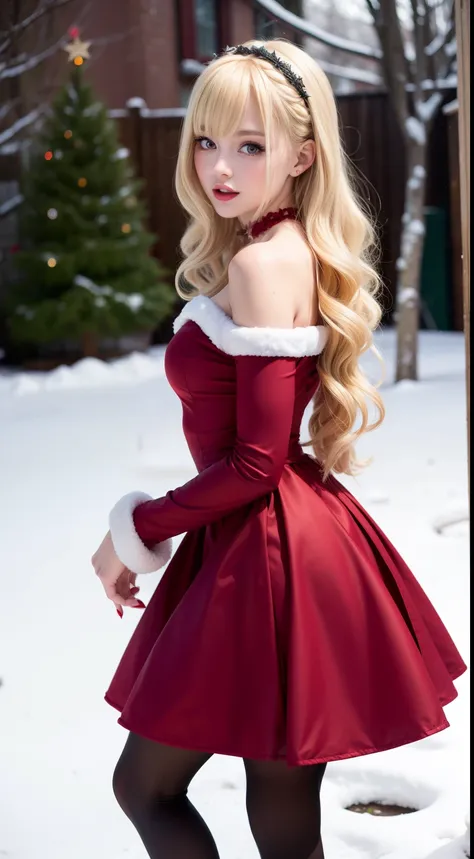 Christmas girl, blonde long hair Emo Pin up Girl, christmas dress, Striking a pose, natural make up, skinny innocent, in a snowy garden, heavenly, midshot, centered image, good girl