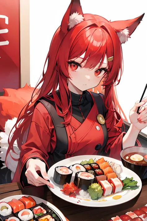 red tinted hair，Red fox ears，Golden eyes，Sushi platter，Seafood sushi，Rice balls