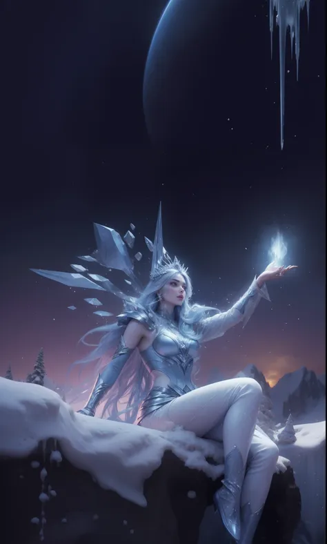 a close up of a person sitting on a snow covered ground, crystalline skin, ice mage, ice lord, maya ali as a storm sorcerer, may...