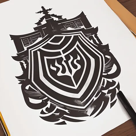 Draw a shield, The shield narrows down the bustling cityscape and torches，the detail，a color,Logo design，2d icon，UI design