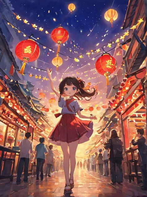 Picture style：Cartoon illustration。Background with： On bright nights，The deep blue sky is dotted with twinkling stars，Provides a mysterious backdrop to the picture。The silhouette of the city looms in the distance，High-rise buildings shine in the light，It p...