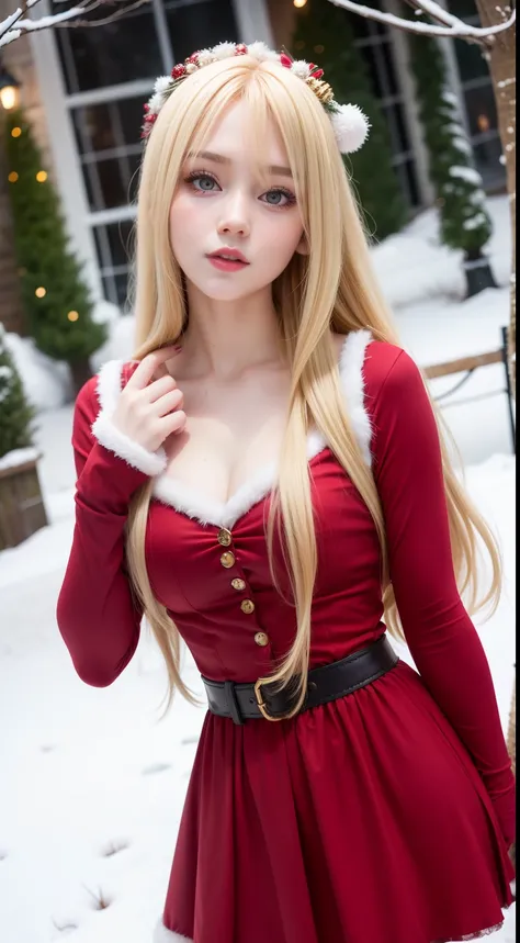 Christmas girl, blonde long hair Emo Pin up Girl, christmas dress, Striking a pose, natural make up, skinny innocent, in a snowy garden, heavenly, midshot, centered image, good girl, innocent girl