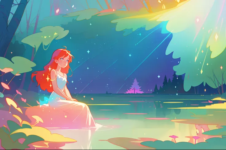 beautiful girl sitting in the water , beautiful girl in white dress, vibrant pastel colors, (colorful), magical lights, long red hair , sparkling lights, fairy lights, inspired by Glen Keane, inspired by Lois van Baarle, disney art style, by Lois van Baarl...