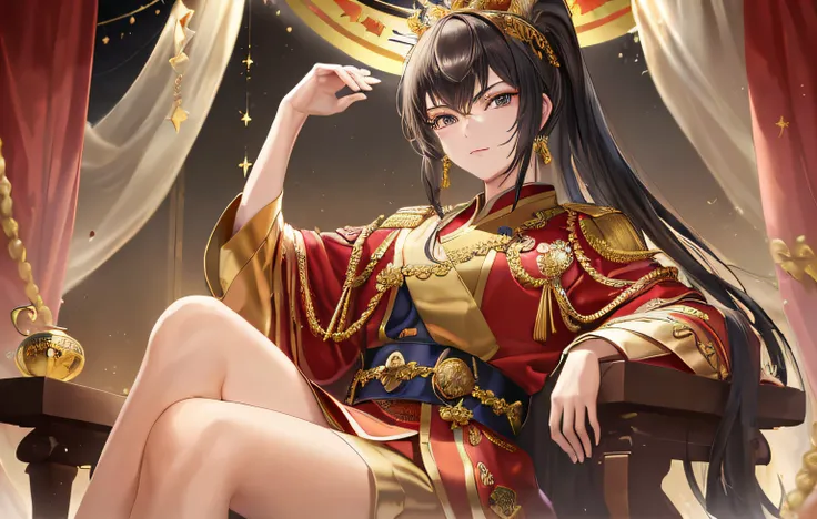 (best quality:1.2, 8k, highres, masterpiece:1.2), ultra-detailed, realistic:1.37, emperor, Asian facial features, short black hair, detailed hair, tied-up hair, golden silk embroidered dragon robe, imperial court, sitting on a dragon chair, hands resting o...