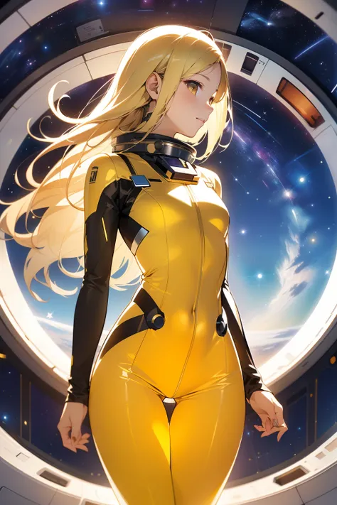 (masterpiece, best quality:1.2), solo, 1girl, mori yuki, slight smile, closed mouth, side view, looking at viewer, blonde hair, long hair, thigh gap, yellow bodysuit, skin-tight, yellow bodysuit, perfect body, large window, (starship porthole:1.3), (spread...