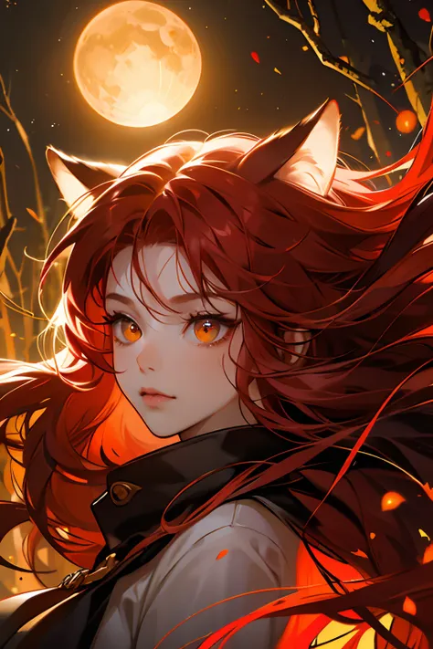 red tinted hair，Red fox ears，Golden eyes，the night，glowworm，ln the forest