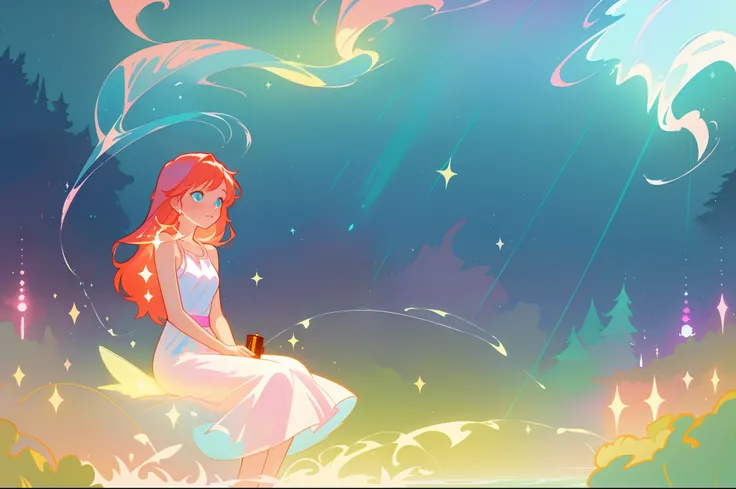 beautiful girl sitting in the water, beautiful anime girl in simple flowing white dress, vibrant pastel colors, (colorful), magical lights, long red hair, sparkling lights, fairy lights, inspired by Glen Keane, inspired by Lois van Baarle, disney art style...