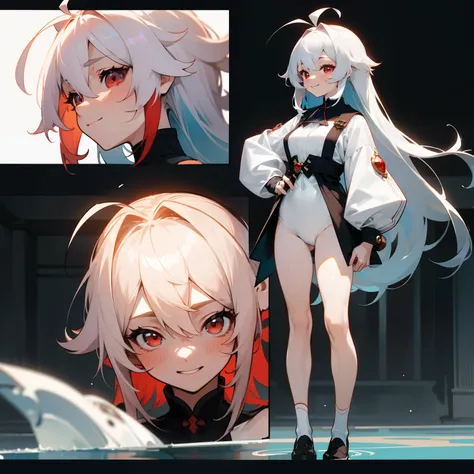 ((masterpiece)), ((high detail)), 1girl,  ((ultra-detailed)),((delicate face)),  Beautiful detailed eyes, doff red eyes, gradient hair,hairs between eyes,white hair, long hair,red eyes,genshin_impact,pool background, standing, smiling face,((Happy face)),(...