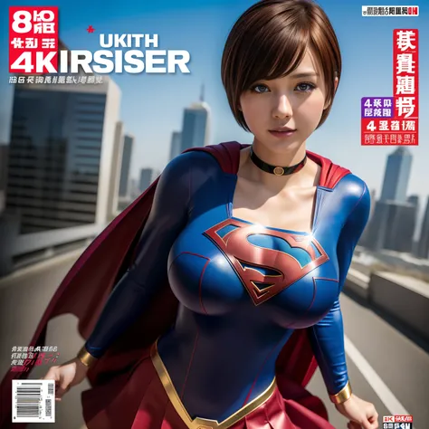 (Best Quality,4K,8K,hight resolution,masutepiece:1.2),Ultra-detailed,Realistic:1.37,Super masterpiece,Short-haired Supergirl、large full breasts、Looking at the camera、Glossy costume、a choker、Too short miniskirt、Weekly magazine cover、Powerful Pose