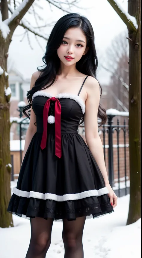 Christmas girl, black long hair Emo Pin up Girl, christmas dress, Striking a pose, natural make up, skinny innocent, in a snowy garden, heavenly, midshot, centered image, good girl, innocent girl