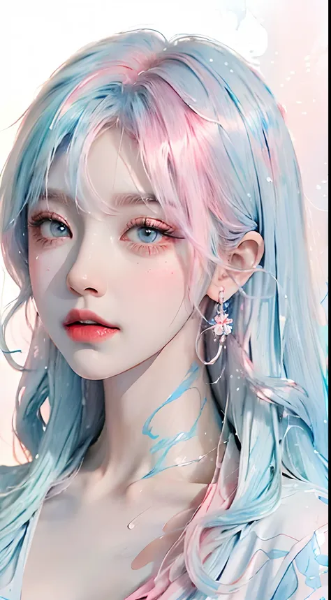 (Masterpiece, Best Quality, High Resolution), White Background, Acrylic Paint, ((Color Splash, Splash of Ink, Color Splash)), Sweet Chinese Girl, Long Light Blue Hair, [Light Blue|Pink] Hair, Curly Hair, Glitter, Peach Lips, White Shirt, Front, Upper Body