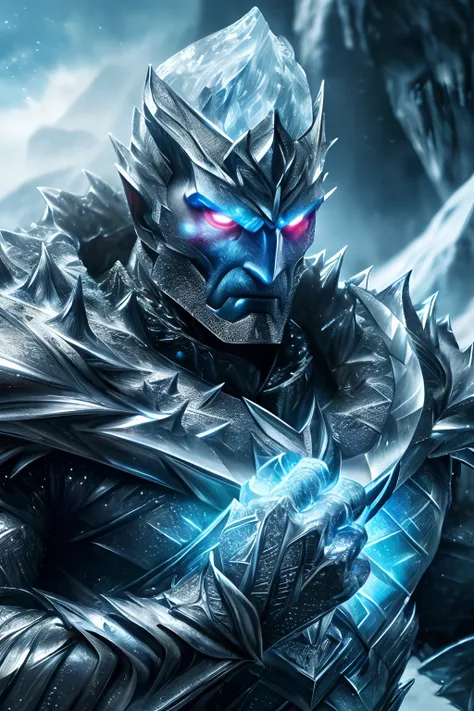 (best quality,4k,highres,ultra-detailed,sharp focus,realistic:1.37), ice armor, serious evil character, staring forward, ice cave, cinema photo, cinema illumination, cinema sea, man body