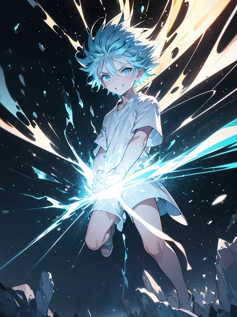 Killua Zoldick, producing lightning with his hands, blue eyes, devilish smile, white shirt, blue shorts, navy blue sneakers, storm atmosphere, full body, Rays coming out of his body, (ultra-realistic), {unity wallpaper Extremely detailed 8k CG}, expansive ...