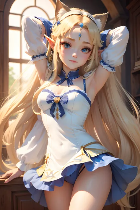 Obra maestra, best quality,Zelda (princess) blond_long_hair, 1girl, , dark_light_skin, blue_eyes, two_small_cat_ears, (waifu_girl), armpit, short_panties, big_legs, long_soks, blue_shorts_dress, big_hips, ribbon_hair, open_legs, half_smile.