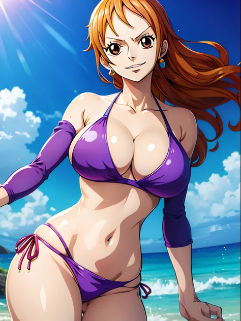 Nami from One Piece wearing a tight purple bikini and she’s look happy, high quality eyes, brown eyes, Shiny eyes, Shiny white skin, puffy red lips, high quality lips, showing the ass, big ass, big boobs, best quality.