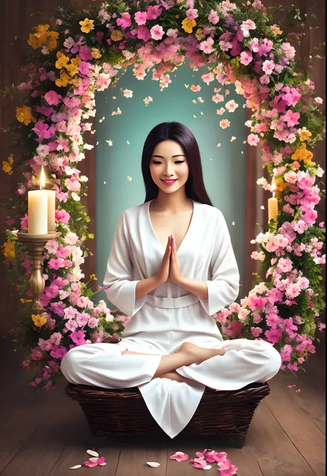 Photo style，hyper realisitc，Ethnic style female image，the breasts are large，With a mothers smile, Detailed face, Wear white transparent clothes，Sit cross-legged on a warm meditation mat and meditate, Bright room，Super meticulous，high quality,Candles are vi...