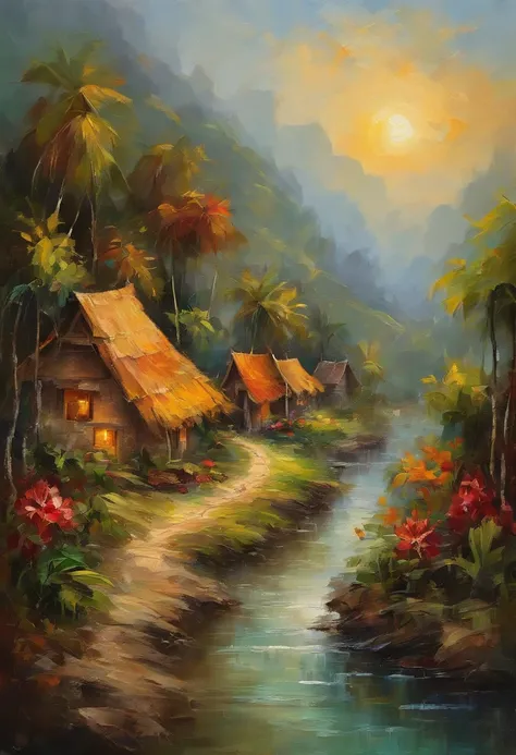 A scenery of a village in indonesia, very nostalgic feeling, rich of memories, highly detailed, 4k