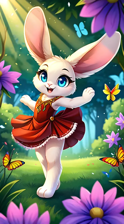 zoomed out image, fantasy style art, cute, adorable, short, tiny, little fluffy female white bunny with blue eyes, 2 extra ears, 4 ears, big floppy ears, long ears, ears perked up, raised ears, long eyelashes, poofy rabbit tail, smiling, standing on two hi...