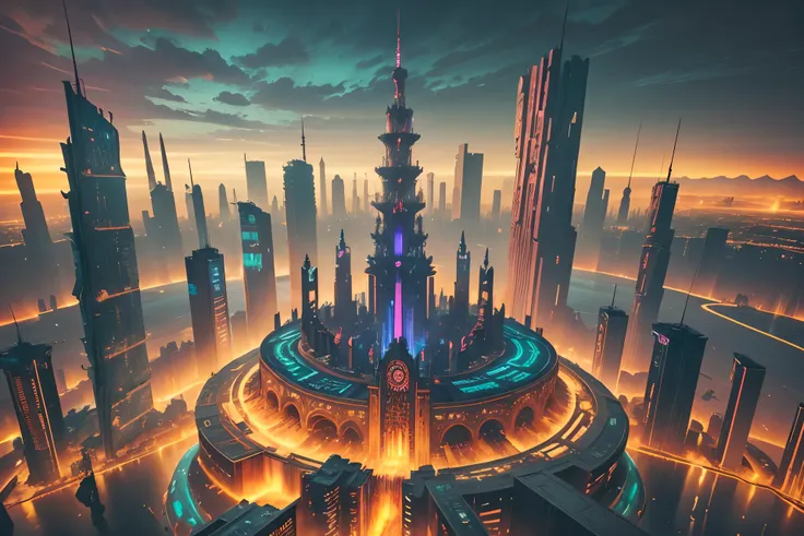 the classic tower of babel, ancient architecture style, in the middle of cyberpunk futuristic city, dwarfing all other buildings, glowing neons, view from elevated point of view, hy-res, 8k