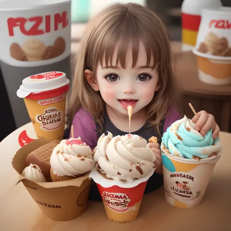 Child eating ice cream with packaging written zizim ice creams, bem alegre ultra realista