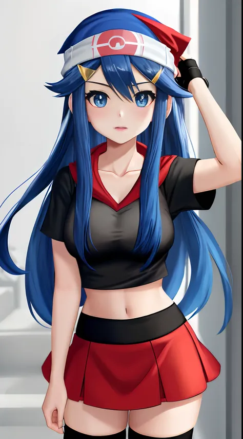 dawn(pokemon), medium breasts, black shirt, long hair, beanie, hair ornament, hairclip, collarbone, blue hair, blue eyes, mini skirt, red scarf , thighhighs, red skirt,