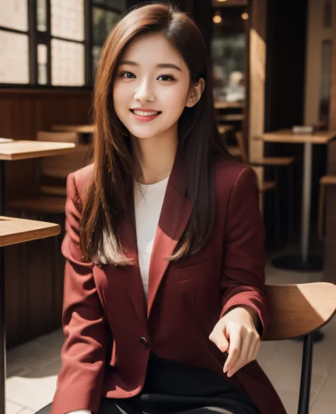 ((Top quality, 8K, Masterpiece: 1.3)), Beautiful girl, Pure, Melon face, Kind and cute, Sweet smile, Pure desire, Slender body, (Front), (Tilted head), ((Looking at camera) ), wearing a burgundy colored suit, black silky long hair, long flowing shoulders, ...