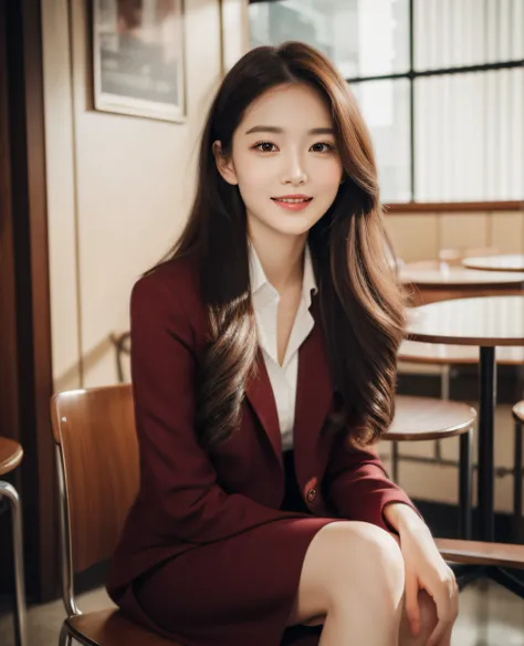 ((Top quality, 8K, Masterpiece: 1.3)), Beautiful girl, Pure, Melon face, Kind and cute, Sweet smile, Pure desire, Slender body, (Front), (Tilted head), ((Looking at camera) ), wearing a burgundy colored suit, black silky long hair, long flowing shoulders, ...