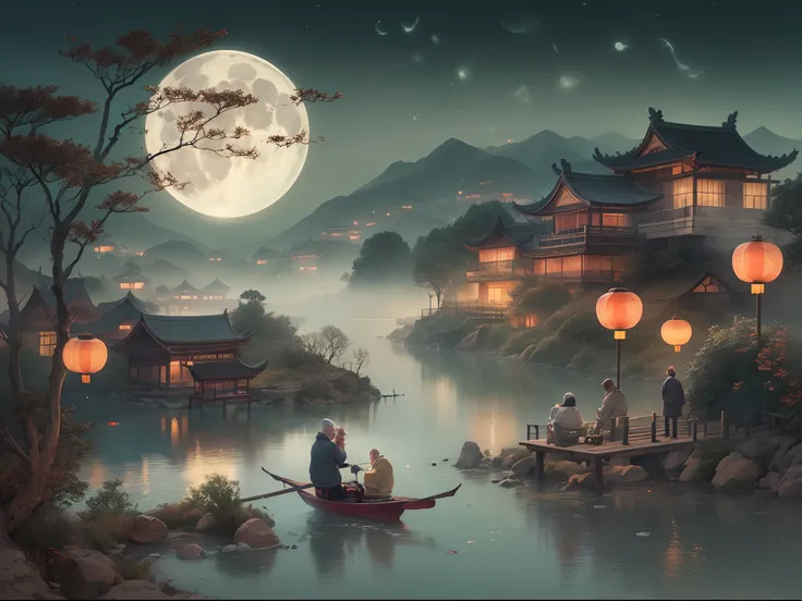 moonlit landscape, nostalgic memories, a old man, dreamlike atmosphere, aesthetic, the essence of poetry, inspiration for poets,...