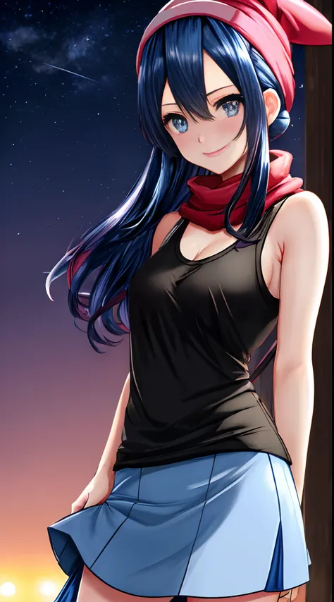 dawn (pokemon), dark blue hair, blue eyes, long hair, a black V-necked tank top, big chest covered by white undershirt, a pink skirt, red scarf, big chest, in a festival, blushing, night time, ultra detailed eyes, detailed background, beautiful, cute, best...