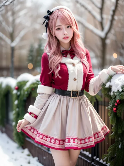 Christmas girl, pink hair Emo Pin up Girl, christmas dress, Striking a pose, natural make up, skinny innocent, in a snowy garden, heavenly, midshot, centered image, good girl, innocent girl